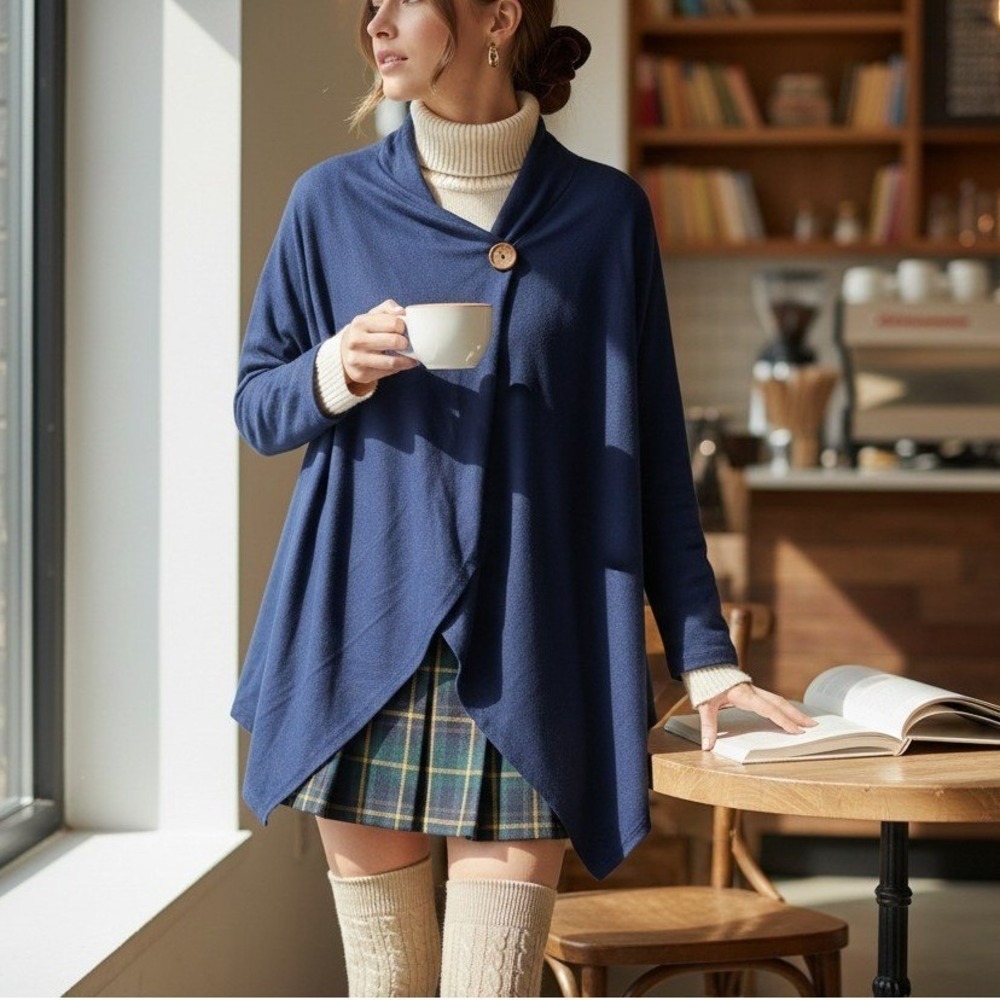 Bobeau Navy Blue Wrap Cardigan Sweater Women Medium Draped Asymmetrical Cozycore